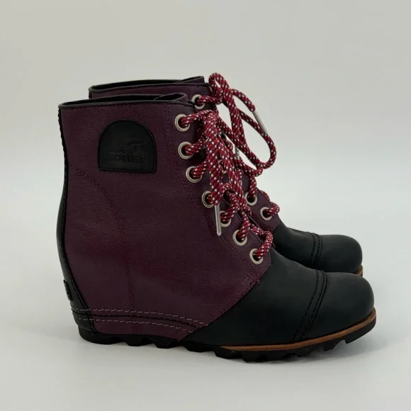 SOREL Lexie Waterproof Leather Wedge Burgundy & Black Wedge Ankle Boots SZ 8.5 - Picture 3 of 16